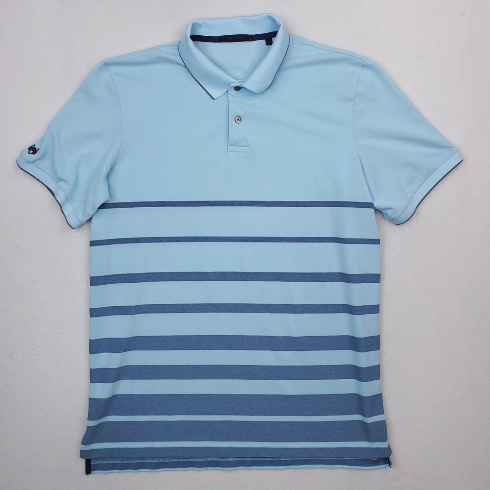 Greyson Shirt Mens Large Blue Striped Performance Golf Polo Stretch Preppy